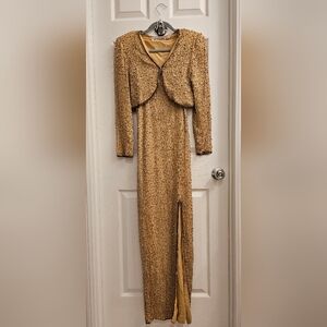 Scala Vintage Gold Beaded Spaghetti Strap Maxi Gown with Matching Jacket Medium